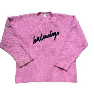 Balenciaga Pink Oversized Logo Signature Knit Brushed Sweater Large